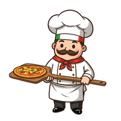 Cartoon chef holding pizza on a wooden peel, wearing a toque with Italian flag.