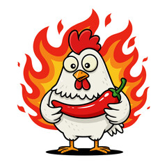 A comical cartoon chicken with a surprised expression holds a spicy red chili pepper, engulfed in flames.