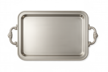 Silver tray with handles isolated on transparent background, ideal for showcasing products or adding a touch of elegance to designs