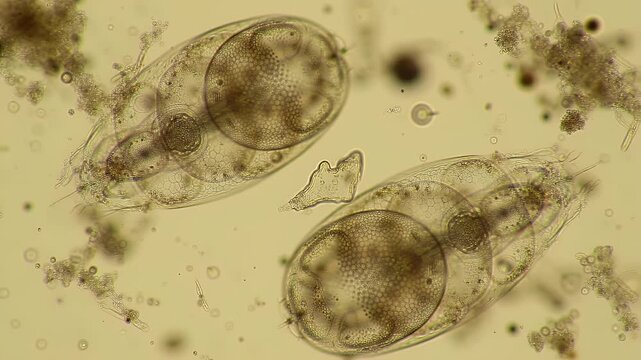 Microscopic View of Two Brown Ascariasis Parasite Eggs with Detailed Internal Structures Against a Bright Background for Education and Research Medical and Scientific Visualization Studies