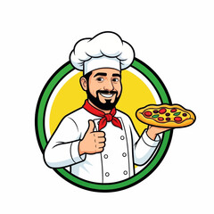 Cartoon chef with pizza giving thumbs up in a circle.