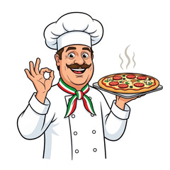 A cheerful cartoon chef in a white uniform and hat presents a freshly baked pizza on a metal tray, giving an 
