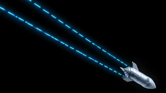 A silver rocket with a blue laser trailing it against a black backdrop