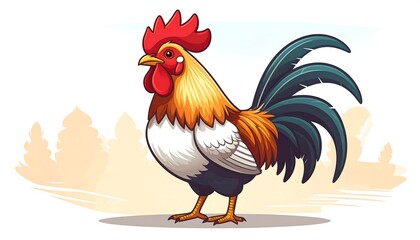 Cartoon rooster in a pastoral setting