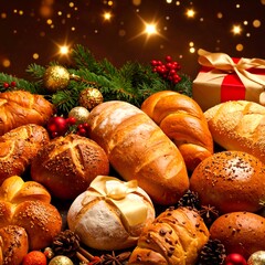 Holiday bread display with Christmas ornaments and gift