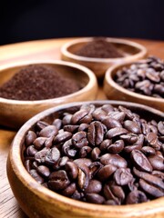  Coffee beans in a wooden bowl.