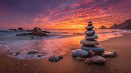 Sunrise Coastal Scene With Stacked Stones