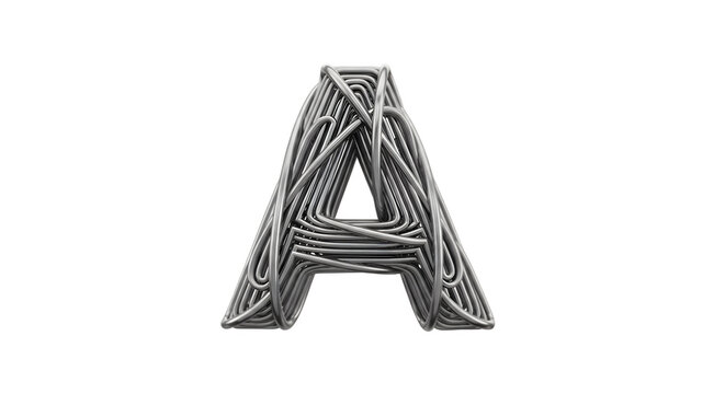 Metallic letter A crafted from intertwined wires on a white background.