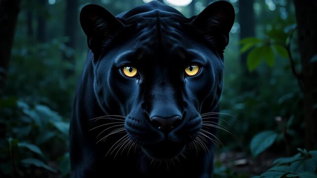 Mysterious black panther prowls through the dark forest with intense golden eyes, a powerful predator ready to strike in the twilight hours