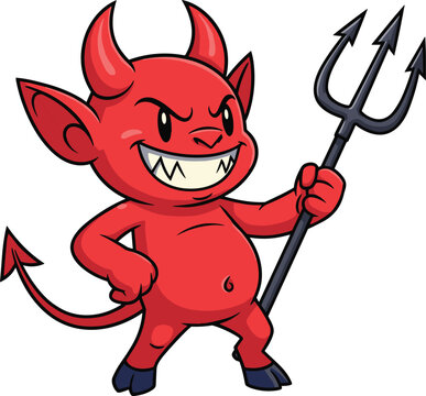 Cartoon Red Devil Mascot with Trident &ndash; Cute Mischievous Demon Character for Halloween, Fantasy, or Humorous Designs
