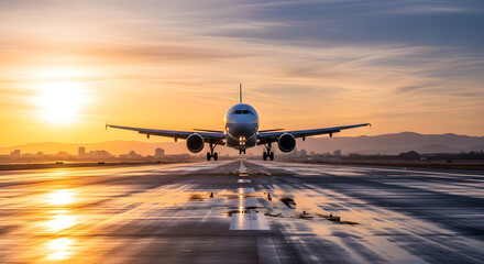 Commercial airplane landing on wet runway during golden hour sunset, inspiring travel and adventure