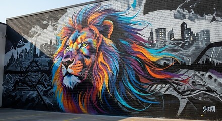 Obraz premium Vibrant Colorful Lion Mural Art.