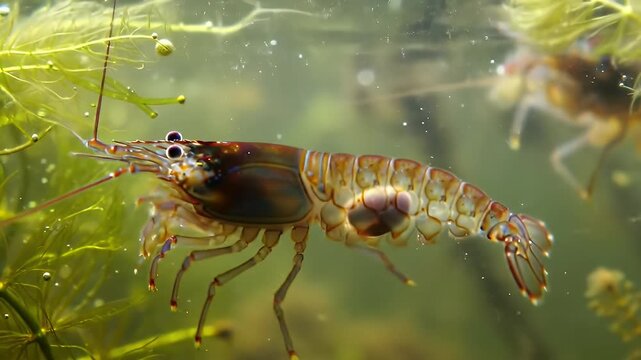 Detailed Close-Up of Transparent Shrimp in Aquatic Habitat with Green Algae and Refraction Patterns Beneath Surface Perfect for Education and Marine Biology Study Showcasing Shrimp Anatomy