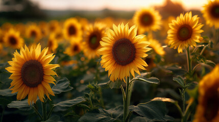 Obraz premium A field of radiant yellow sunflowers bathed in warm sunlight during an autumn sunset, symbolizing nature's beauty and harvest season