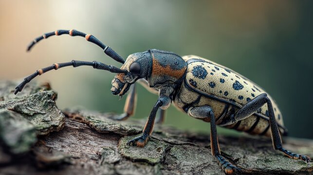 Detailed longhorn beetle on tree bark