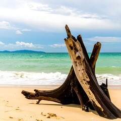 Driftwood stump on sandy beach, ocean view