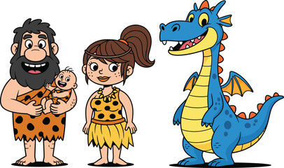 Caveman holding baby, cavewoman in spotted dress, friendly blue dragon with orange spikes, playful prehistoric fantasy cartoon vector art, fun family adventure illustration