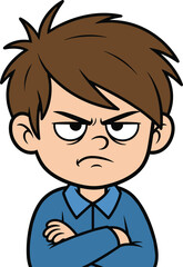Angry child cartoon character, wearing blue shirt, arms crossed, annoyed facial expression, emotional reaction vector art, expressive children illustration, defiant mood design, upset kid