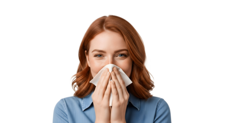 Young woman with red hair covering her nose with a tissue.
