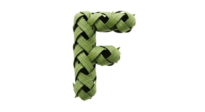Woven green leaf letter F alphabet.