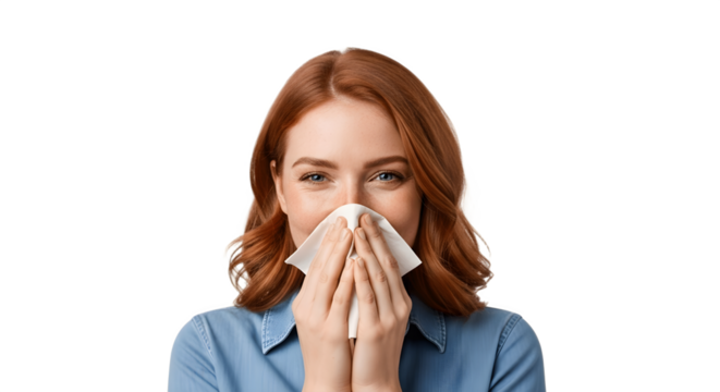 Young woman with red hair covering her nose with a tissue.
