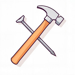 Hammer and nail crossed on white background with copy space