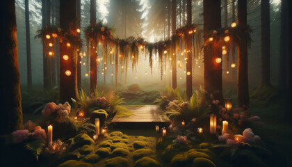 Obraz premium Enchanted Forest Wedding Stage with Moss-Covered Platform and Twinkling Fairy Lights in Lush Greenery