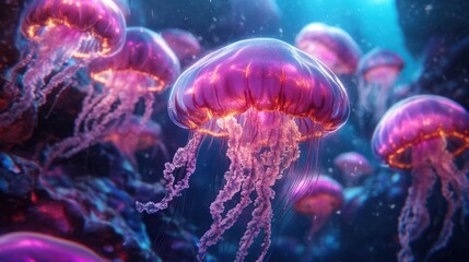 Fototapeta premium Ethereal Glow Luminous Pink and Purple Jellyfish Pulsating in the Mysterious Depths of the Deep Blue Ocean