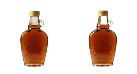 Two Amber Maple Syrup Bottles with Golden Caps and Embossed Maple Leaves