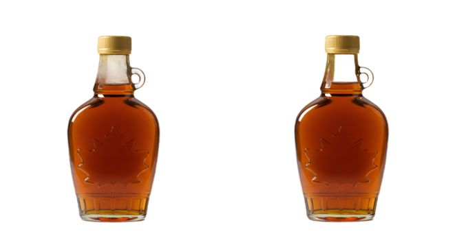 Two Amber Maple Syrup Bottles with Golden Caps and Embossed Maple Leaves