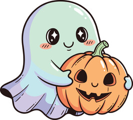 Obraz premium Cartoon cute ghost holding smiling pumpkin, friendly Halloween character illustration, festive holiday design concept, spooky yet adorable vector art, cad drawing flat vector illustration