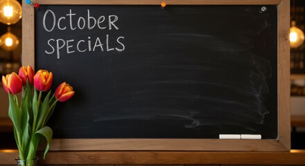 October Specials chalkboard sign with tulip flowers in vase, rustic cafe blackboard menu for seasonal offers, handwritten lettering autumn restaurant promotion and decoration background