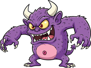 Fototapeta premium Cartoon purple monster character, scary fantasy creature illustration, horned beast design, aggressive expression vector art, cad drawing flat vector illustration