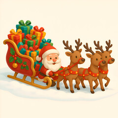 Fototapeta premium Iconic reindeer with sleigh full of presents, red festive background