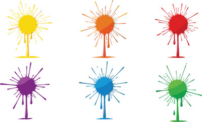 Fototapeta premium Cartoon colorful paint splatters set, abstract splash design in six colors, artistic decoration vector art, creative background concept, cad drawing flat vector illustration