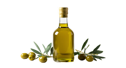 Premium Olive Oil Bottle and Green Olives with Leaves on Stylized Background