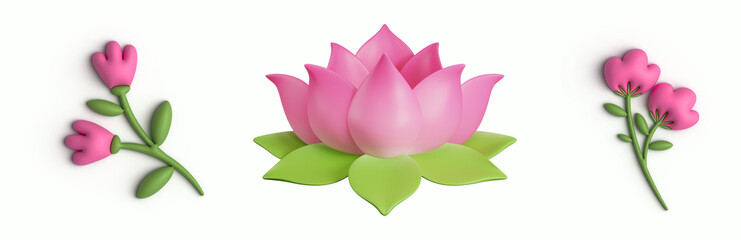 3D Lotus Flower and Pink Flower Set – Realistic Floral Illustrations for Invitations, Decor, and Creative Projects - 1