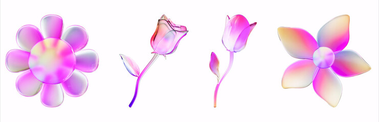 3D Holographic Flower Set – Futuristic Floral Illustrations for Invitations, Digital Art, and Creative Designs - 1