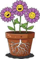 Cartoon potted plant with smiling flowers, visible roots illustration, educational botany concept design, cheerful nature vector art, cad drawing flat vector illustration