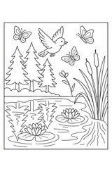 Nature Pond Scene Coloring Page