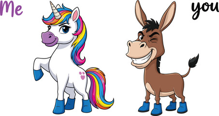 Cartoon unicorn and donkey, funny me vs you comparison, cute animal characters illustration, humorous vector art, cad drawing flat vector illustration