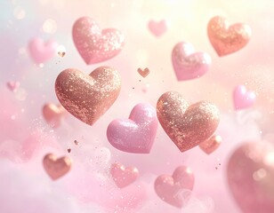Obraz premium Floating Rose Gold and Pink Glitter Hearts on Soft Pastel Background – Romantic Celebration Design