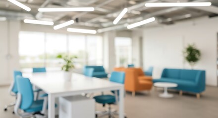 Minimalist and Blurred background of bright and spacious modern coworking space featuring sleek white desks and ergonomic chairs, designed to enhance productivity and collaboration.