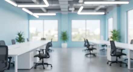 Creative take on Blurred background of bright and spacious modern coworking space featuring sleek white desks and ergonomic chairs, designed to enhance productivity and collaboration.