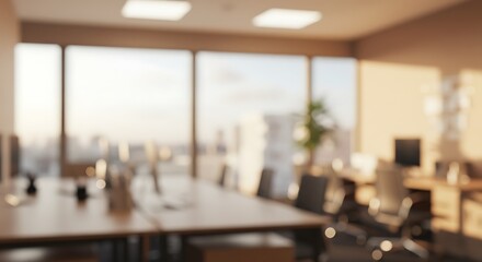 Creative take on Blurred modern office with soft light bokeh. Warm, professional workspace with natural lighting and contemporary design, perfect for corporate backgrounds.