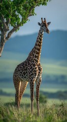 Obraz premium A giraffe stands majestically in a grassy savanna, framed by a lush green tree, with a soft, muted light filtering over the landscape.