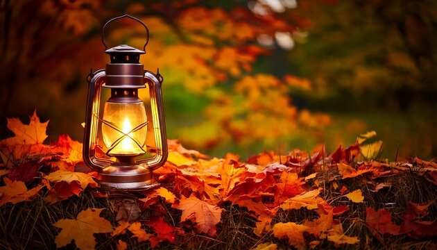 Generated image : Vintage lantern glowing among colorful autumn leaves, with background space for text.