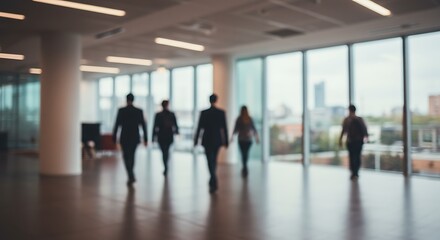 Modern A blurred image of people walking in a modern office building with large glass windows.