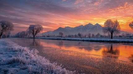 Fototapeta premium Winter Sunset Over Snowy River and Mountains