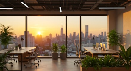 Modern Blur background of office interior with large windows with city urban view, plants, and wooden desks at sunset. Modern workplace and urban greenery concept. Design for poster, wallpaper. Spate.